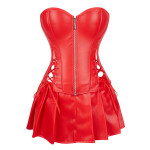Waist Lace Up Faux Leather Zipper Bustier Pleated Skirt
