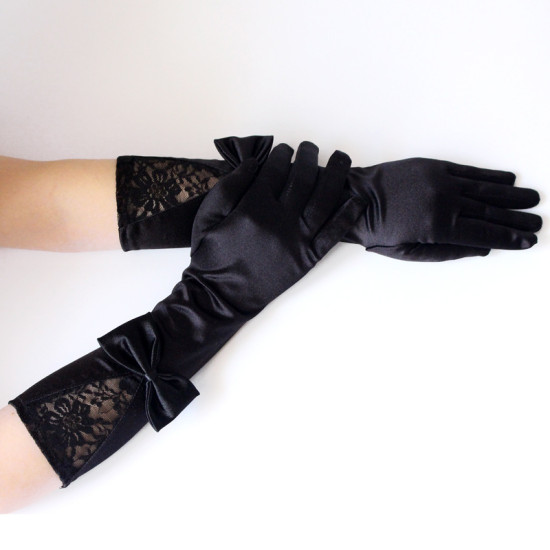 Bowknot Satin Gloves Elbow Spliced Lace
