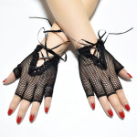 Black Lace-Up Half Finger Fishnet Gloves