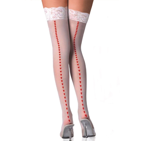 White Lace Trim Red Heart Strip Thigh Stocking