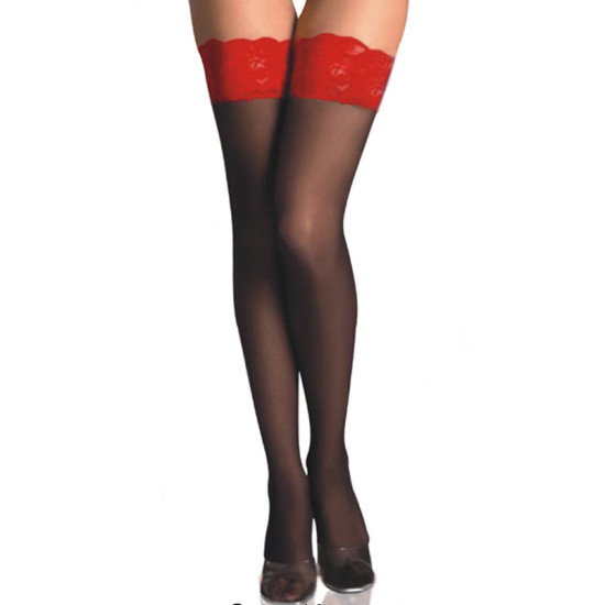 Red Wide Lace Trim Thigh Stocking