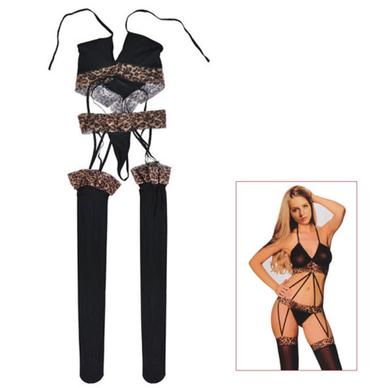 Sexy Leopard  Strappy Bikini Thigh Stocking Set