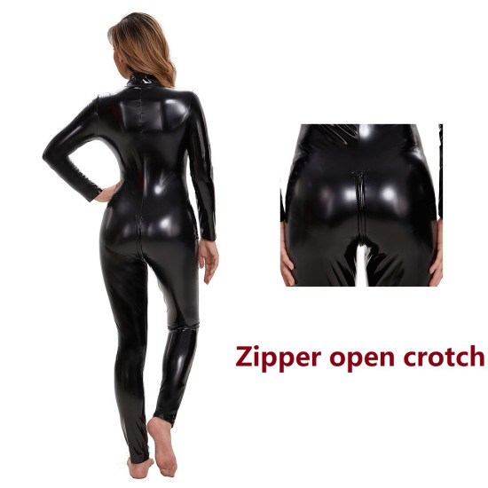 High Neck Long Sleeve Open Crotch Zip Faux Leather Jumpsuit
