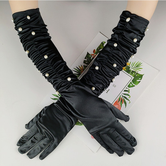 Pearl Studded Satin Elbow Wedding Gloves