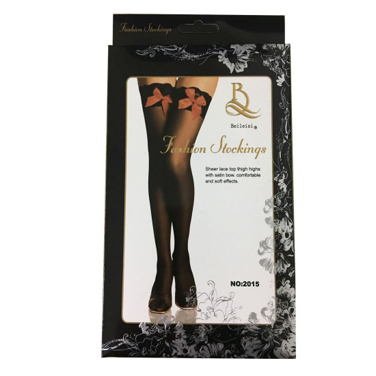 Red Bow Lace Trim See-Through Sheer Thigh Stocking