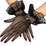 Rhinestone Stud Bowknot Lace Trim Fishnet Wrist Gloves