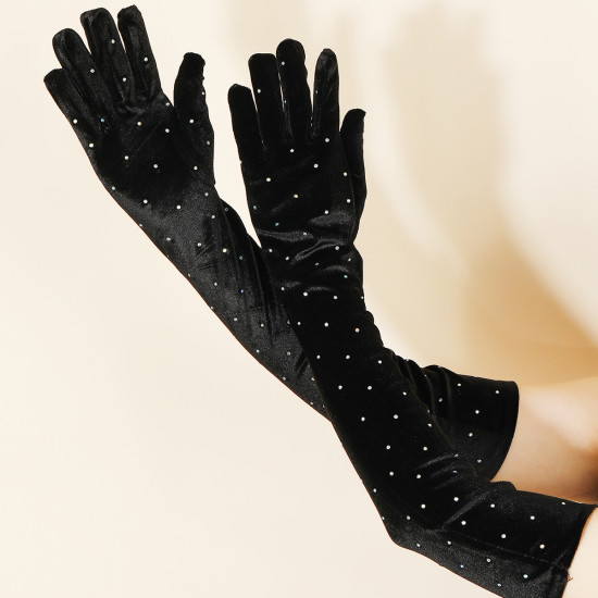 Rhinestone Studded Velvet Gloves