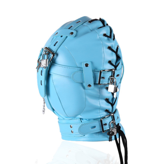 Sensory Deprivation Hood with Open Mouth Gag - Blue